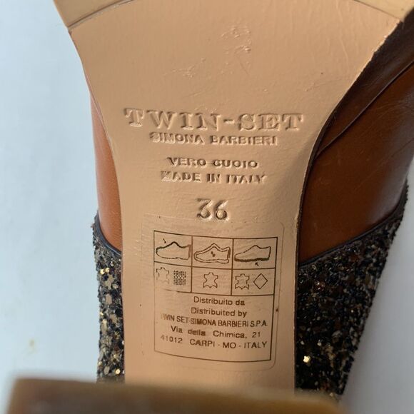 Twin-Set gold glitter tan leather platform pumps - Picture 9 of 10